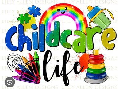 Colorful childcare-themed graphic with toys and art supplies.