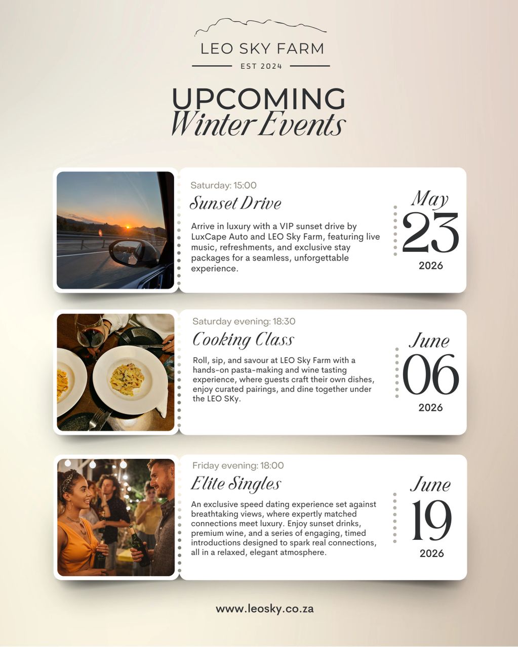 Leo Sky Farm's upcoming winter events include a VIP sunset drive, cooking class, and elite singles speed dating.
