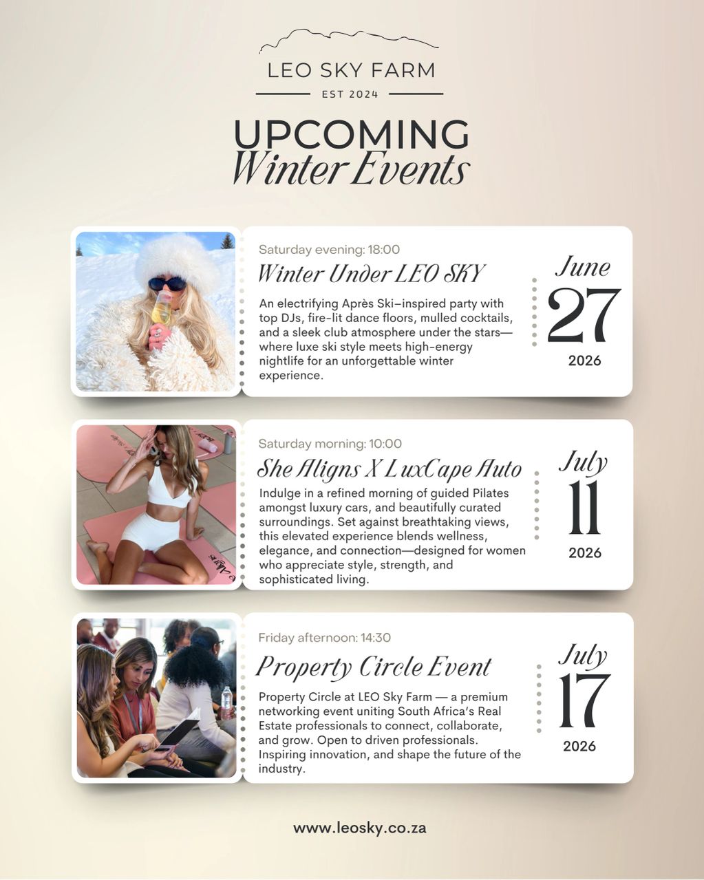 Upcoming winter events at Leo Sky Farm in 2026 include a ski party, Pilates session, and real estate networking.