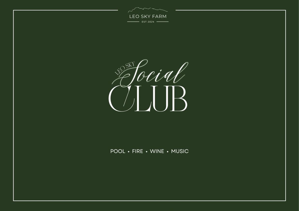 Leo Sky Farm Social Club invitation with pool, fire, wine, and music.