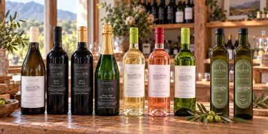 A lineup of various wine bottles and olive oil on a wooden counter.