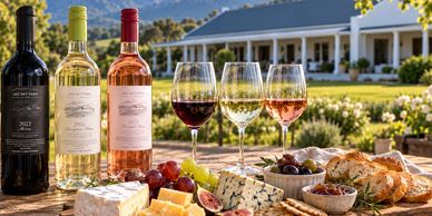 Wine bottles, glasses, and cheese spread outdoors.