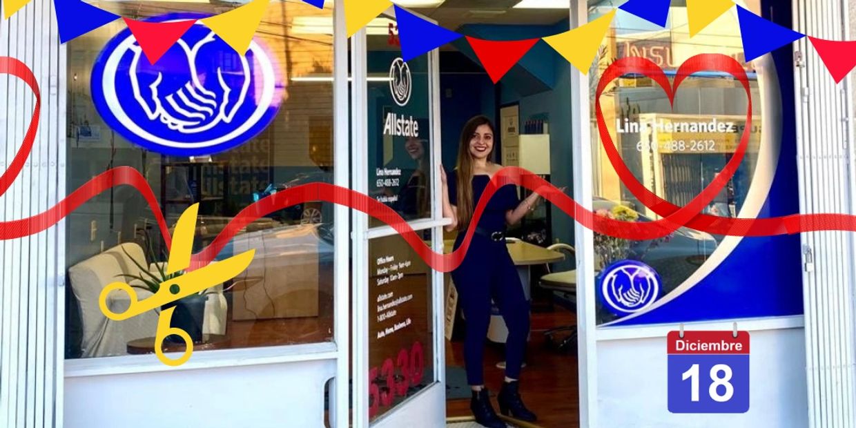 Woman standing at the entrance of an Allstate office decorated for a December 18 event.