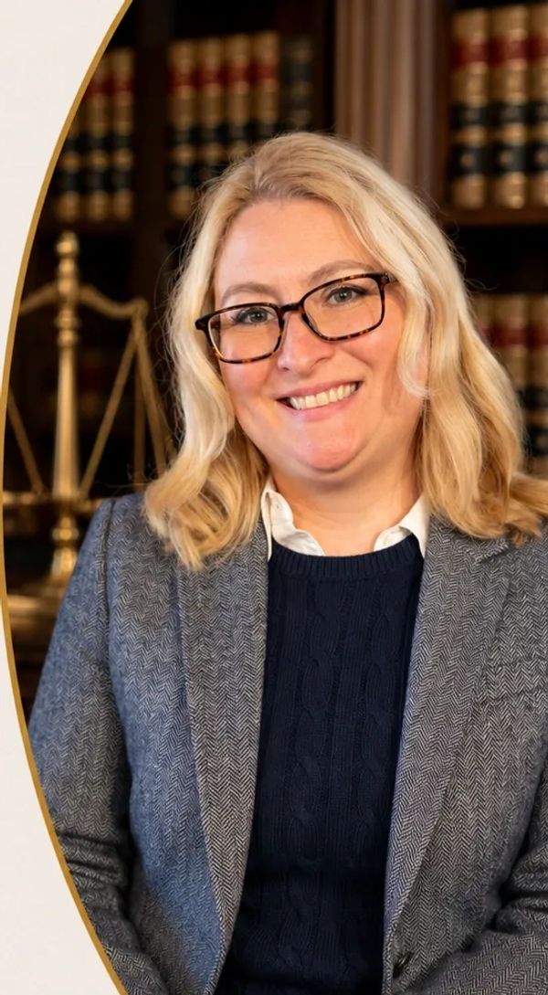 Smiling woman with glasses in professional attire in a library setting.