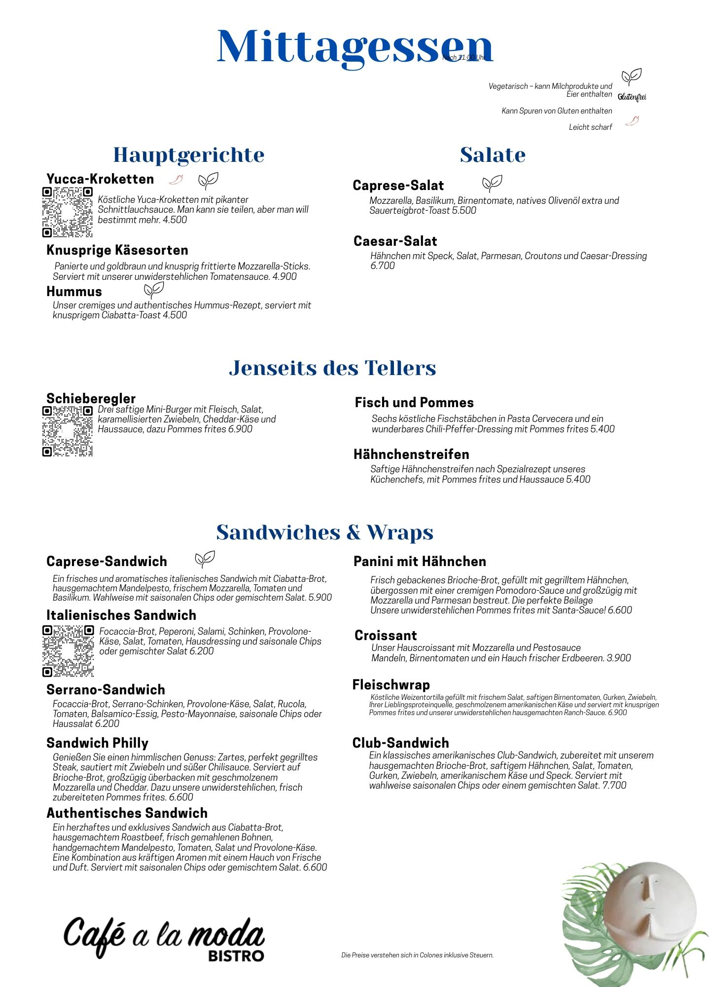 German lunch menu with main dishes, salads, sandwiches, and wraps at Café a la moda Bistro.
