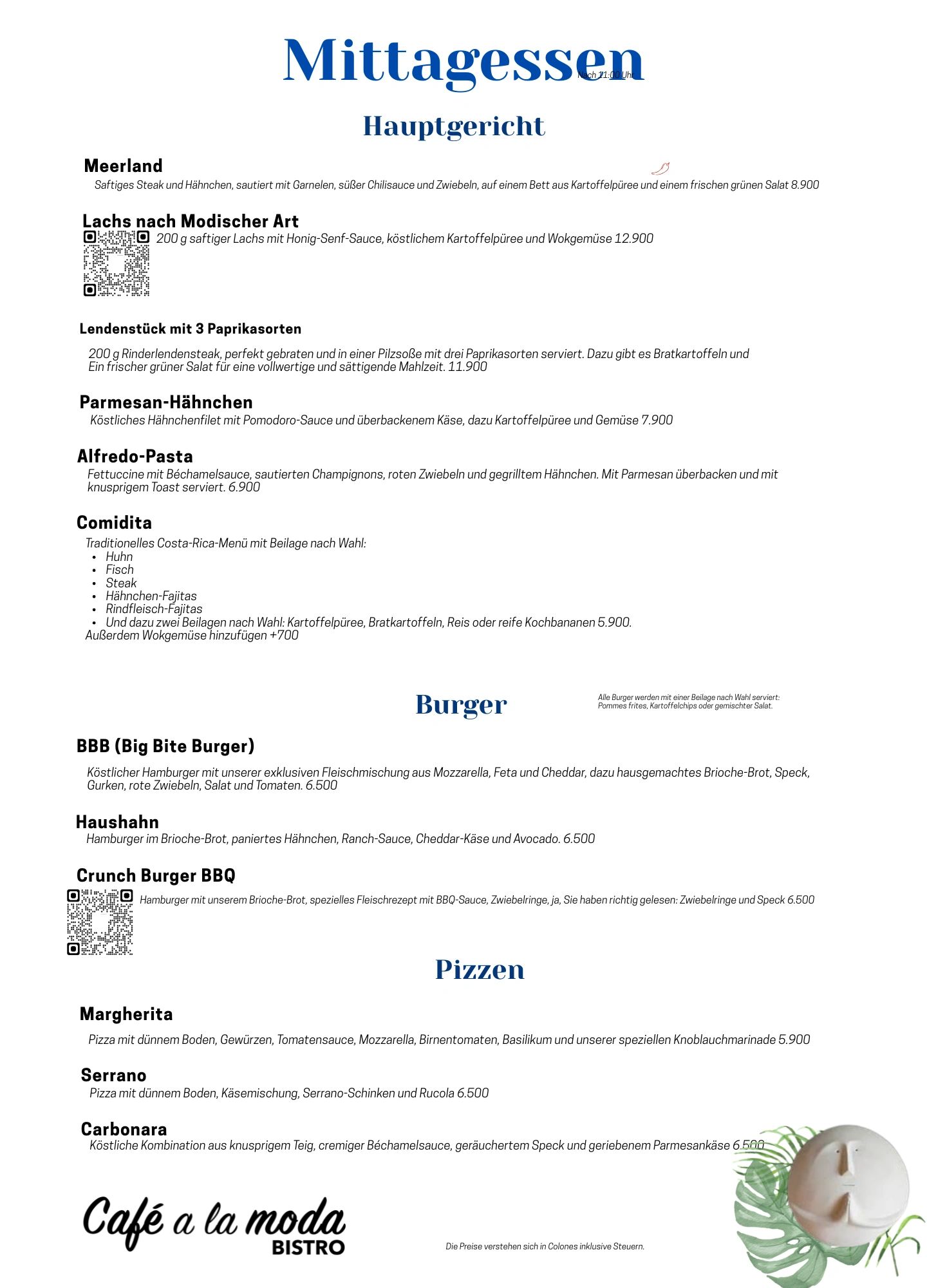 Mittagessen-Menü mit Hauptgerichten, Burgern und Pizzen in deutscher Sprache.