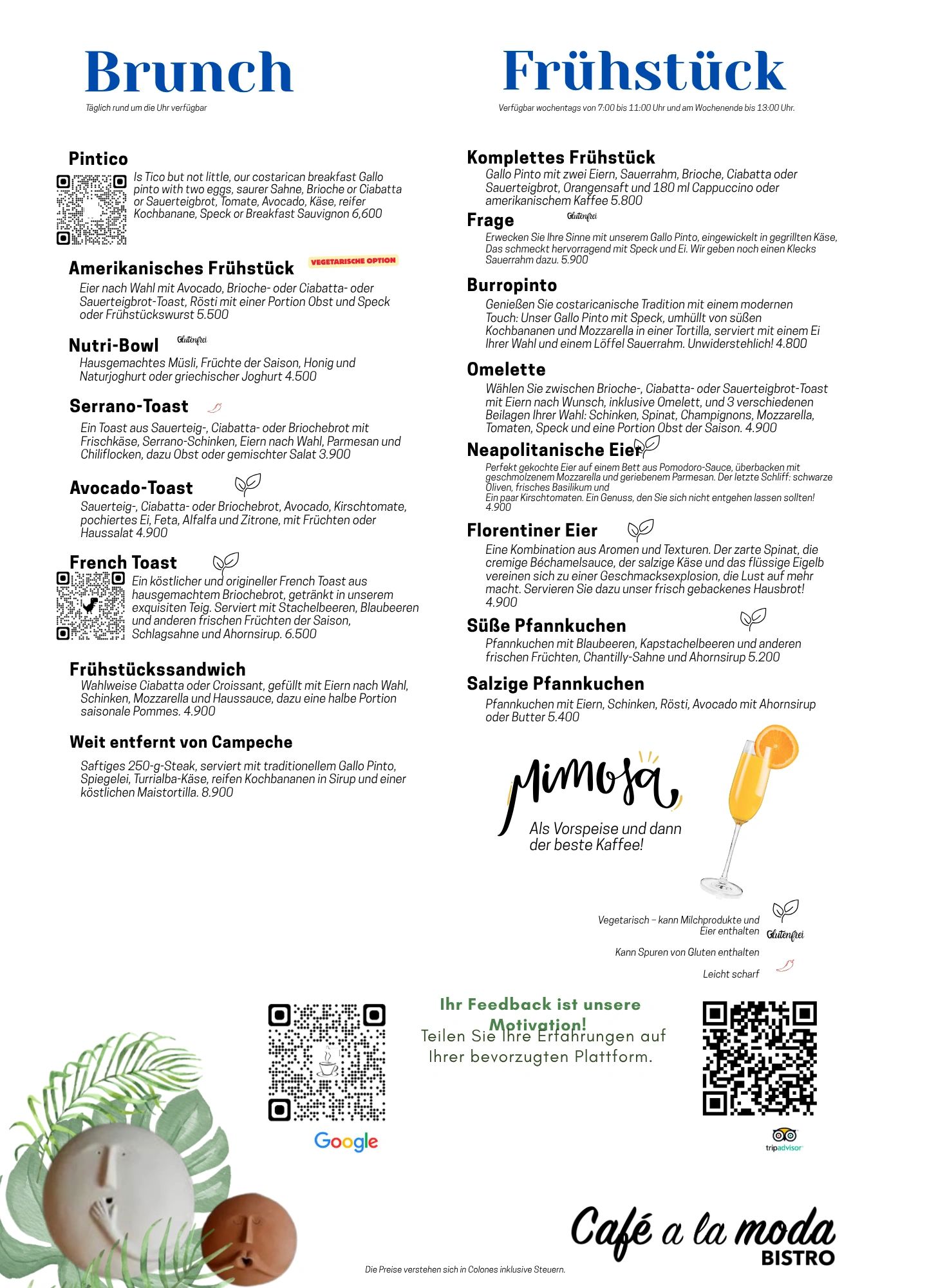 Bilingual brunch and breakfast menu with diverse dishes and QR codes for feedback.
