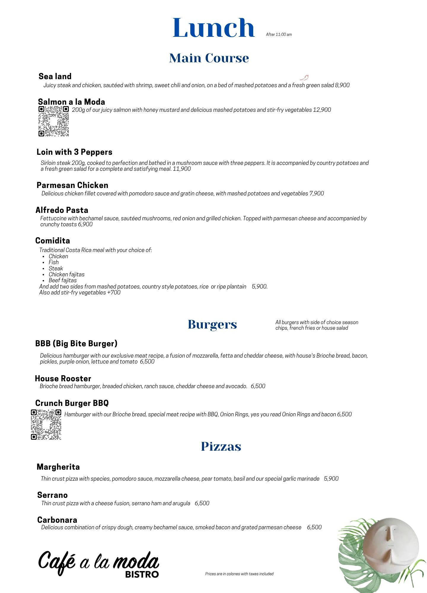 Lunch menu featuring main courses, burgers, and pizzas with detailed descriptions and prices.