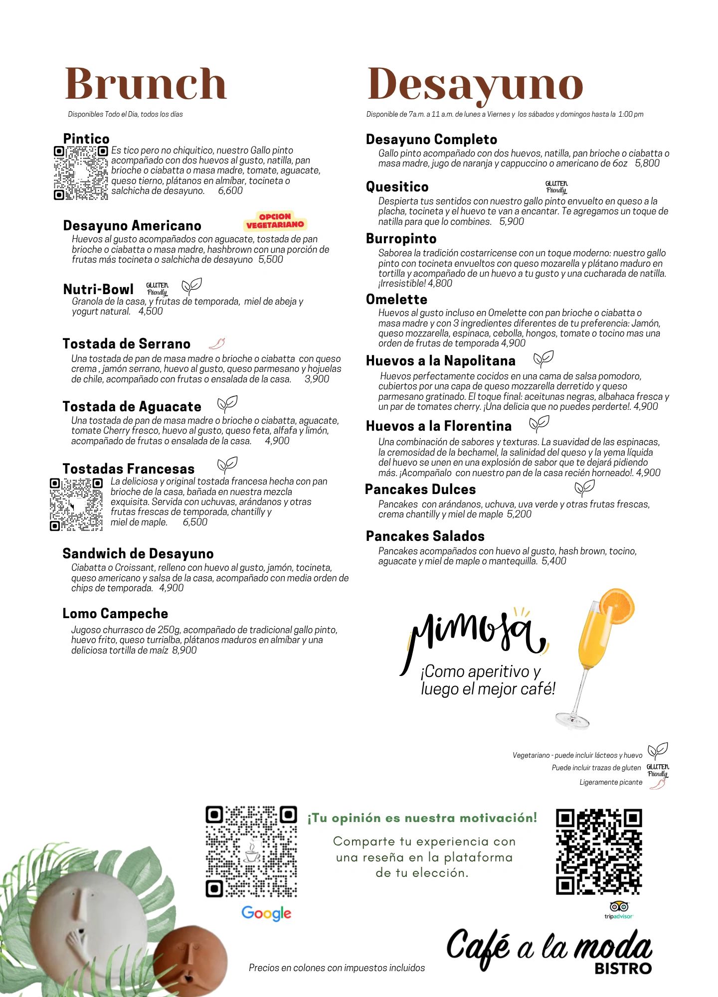 Menú de brunch y desayuno con opciones variadas y vegetarianas, incluyendo huevos, tostadas y pancakes.
