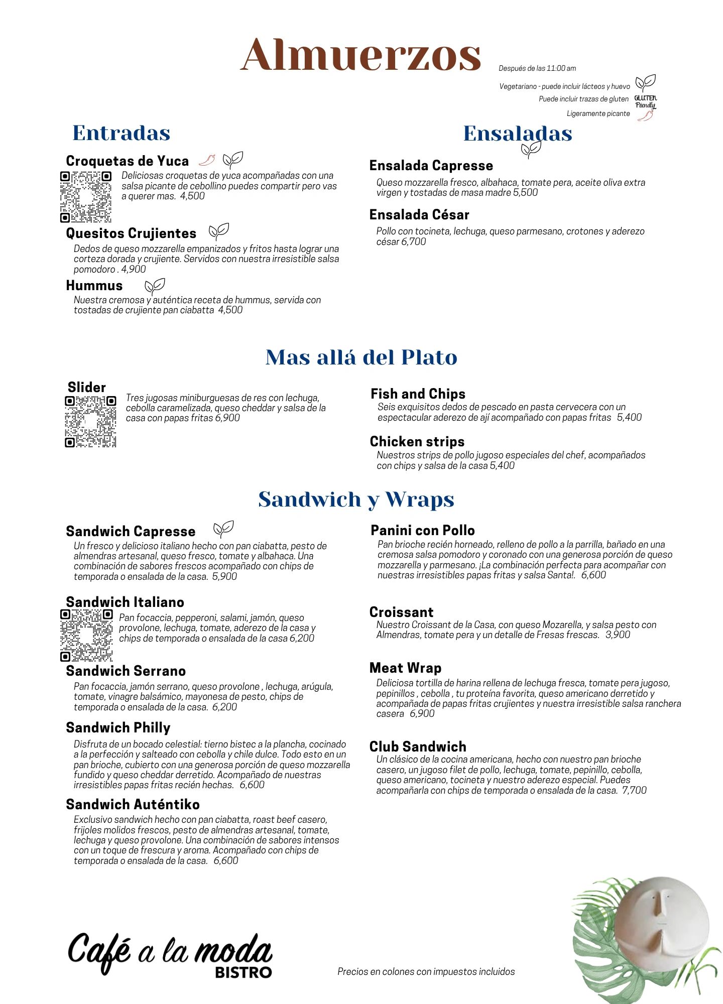 Menú de almuerzos con entradas, ensaladas, platos principales y sándwiches en Café a la moda Bistro.