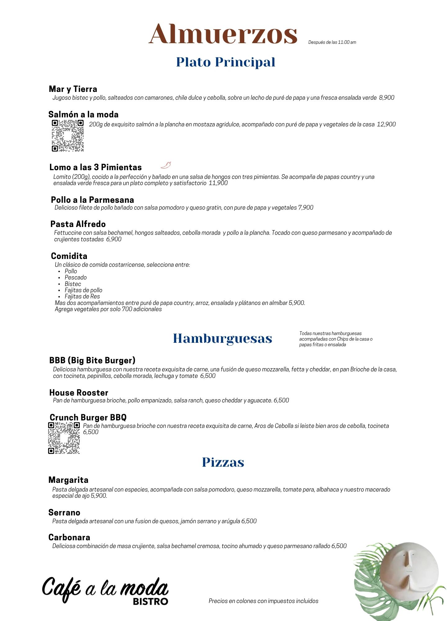Menú de almuerzos con platos principales, hamburguesas y pizzas en Café a la Moda Bistro.