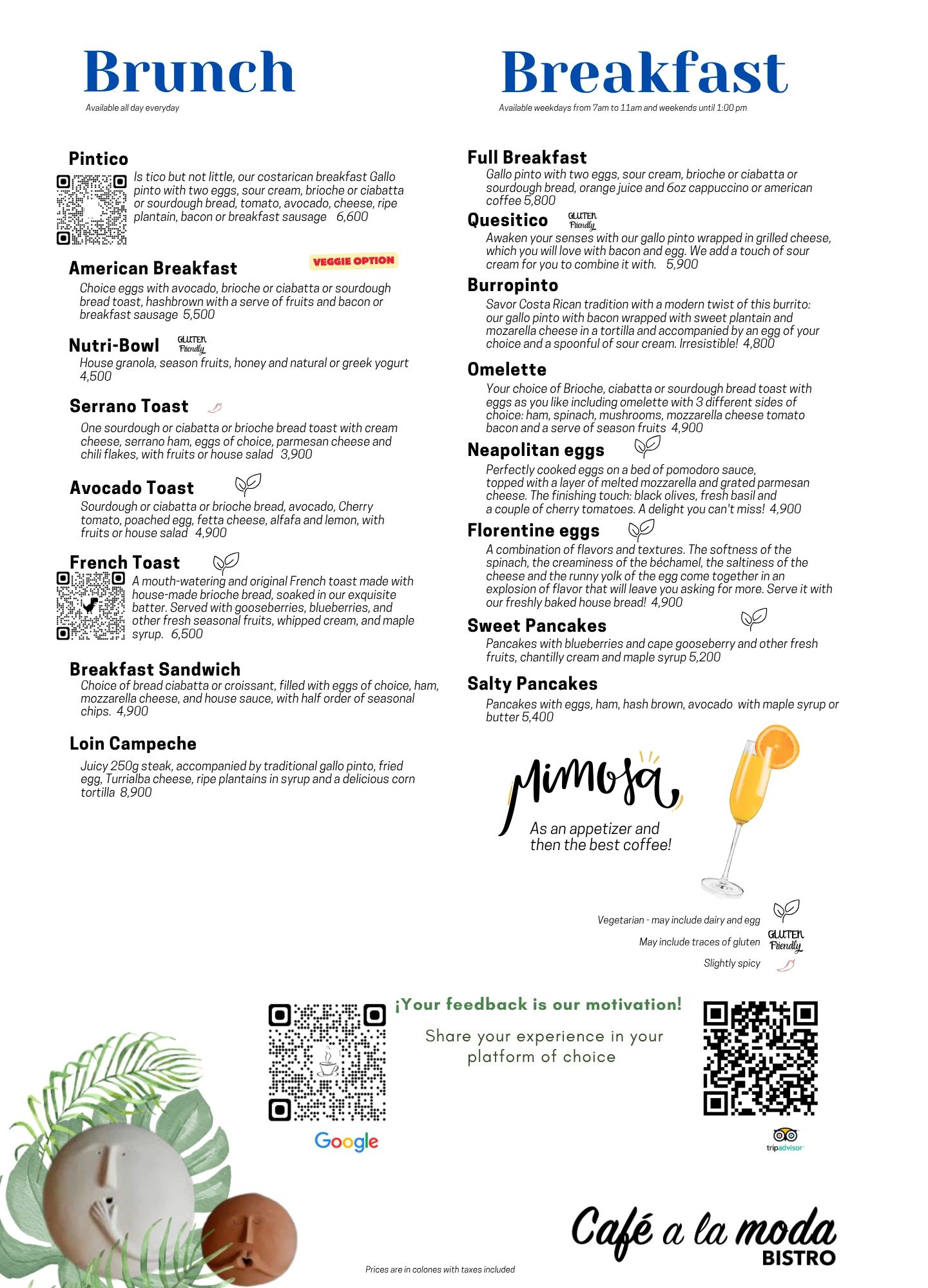 Brunch and breakfast menu at Café a la Moda Bistro with diverse dishes and prices.