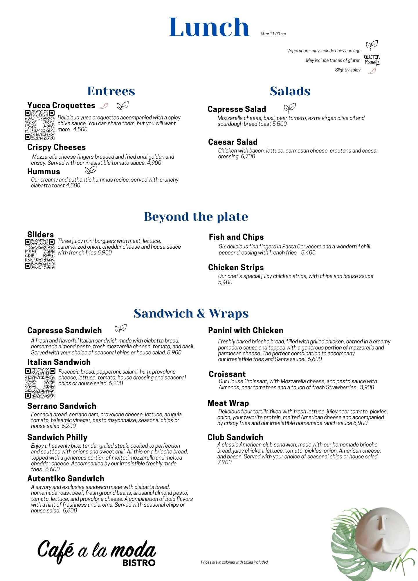 Lunch menu featuring entrees, salads, sandwiches, and wraps with prices and dietary icons.
