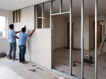Workers installing drywall on metal framing inside a building.
