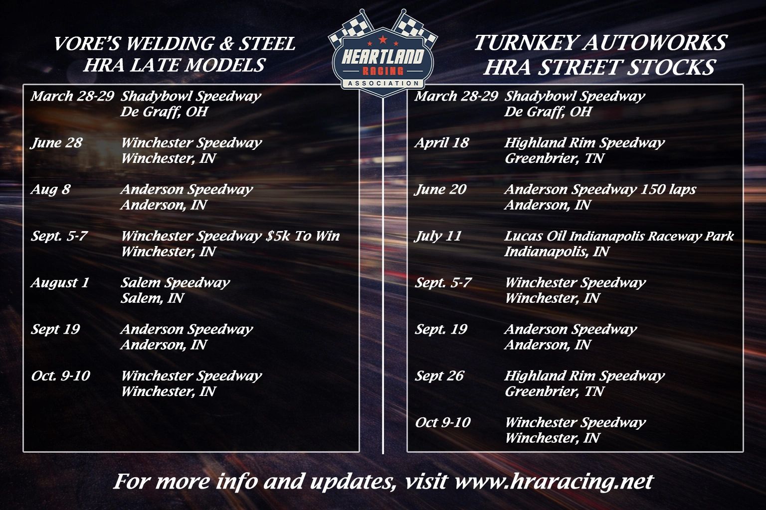 2024 Heartland Racing Association schedule for HRA Late Models and HRA Street Stocks.