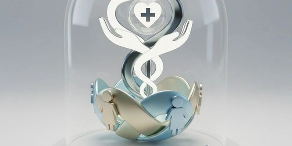 3D medical symbol with heart, cross, and human figures under glass dome.