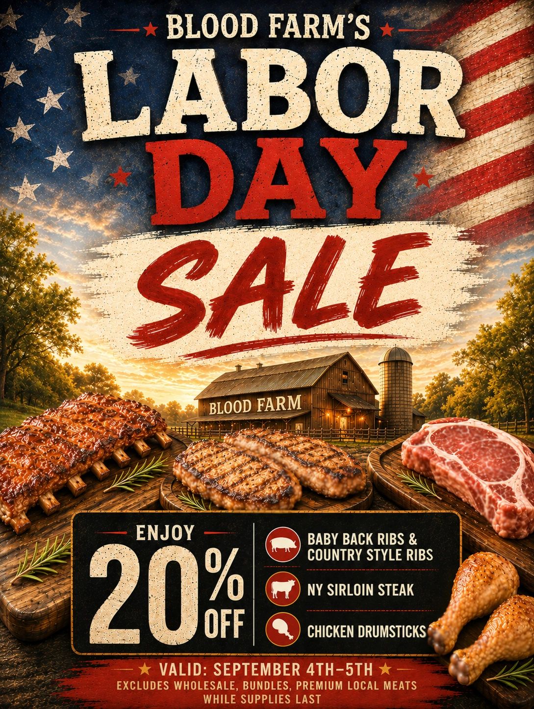 Blood Farm Labor Day Sale with 20% off select meats.