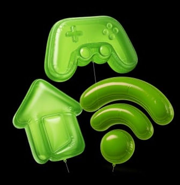 Green balloons shaped like a game controller, a house, and a Wi-Fi signal on a black background.