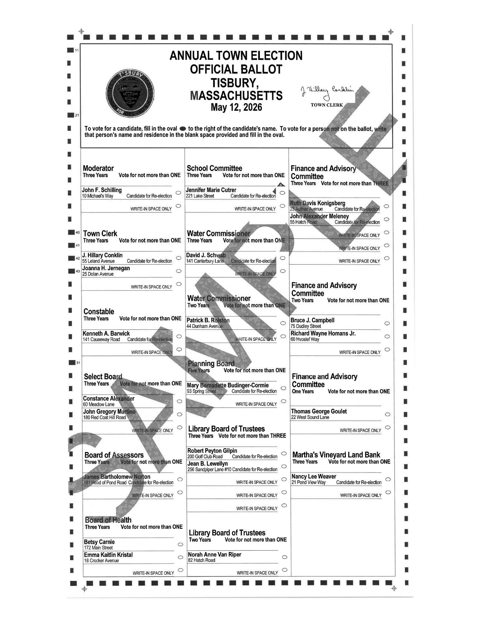2026 Tisbury, Massachusetts official town election ballot with candidates and write-in options.