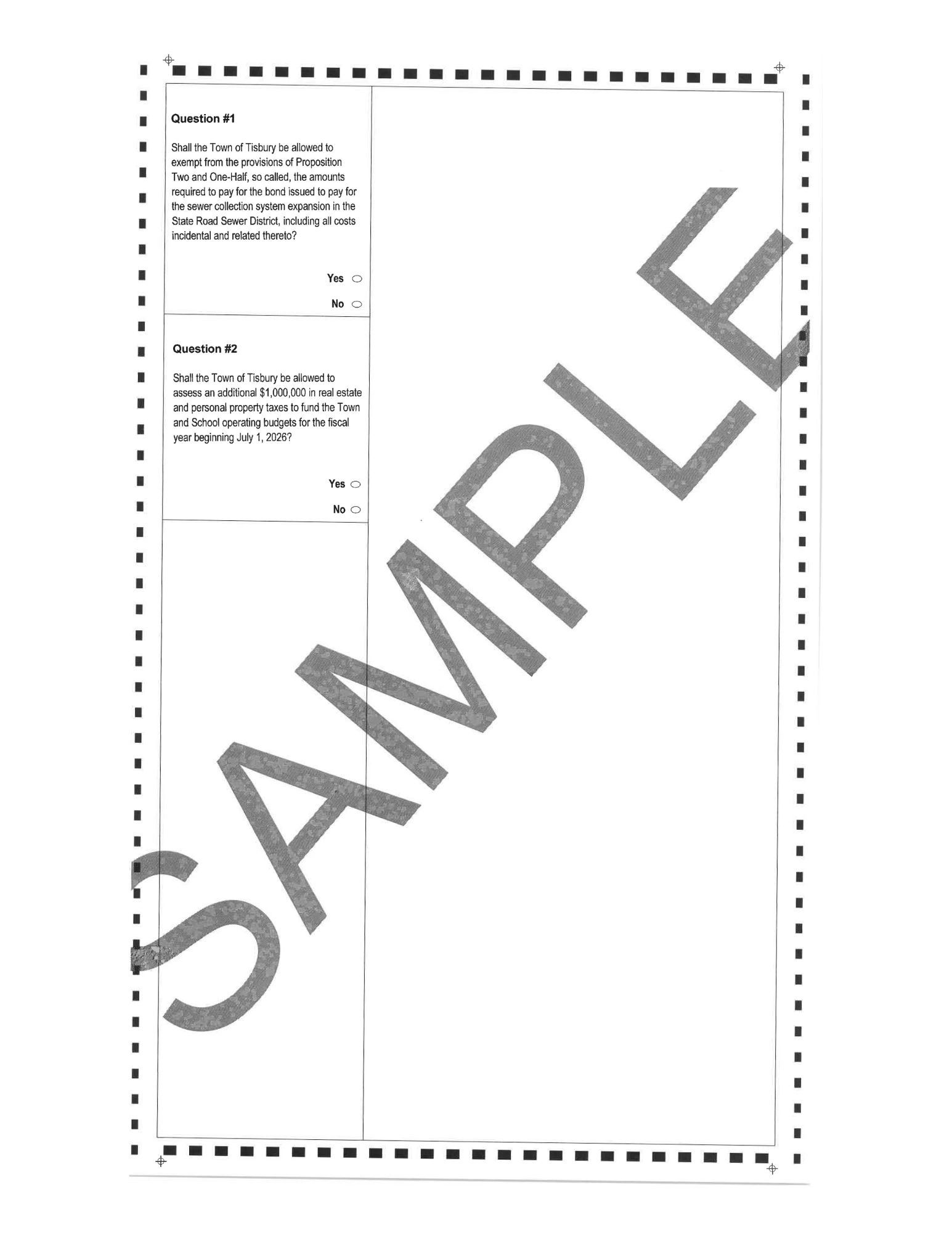 Sample ballot with two questions on Tisbury town funding and taxes.
