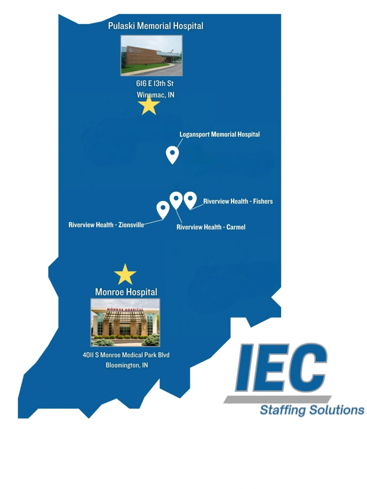 Map pinpointing hospitals in Indiana with photos and addresses.