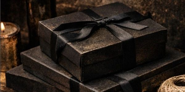 Rustic gift boxes tied with black ribbon and vintage scissors.