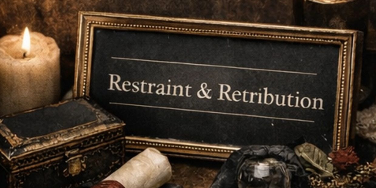 Vintage still life featuring candles, an hourglass, and a scroll with 'Restraint & Retribution' sign.