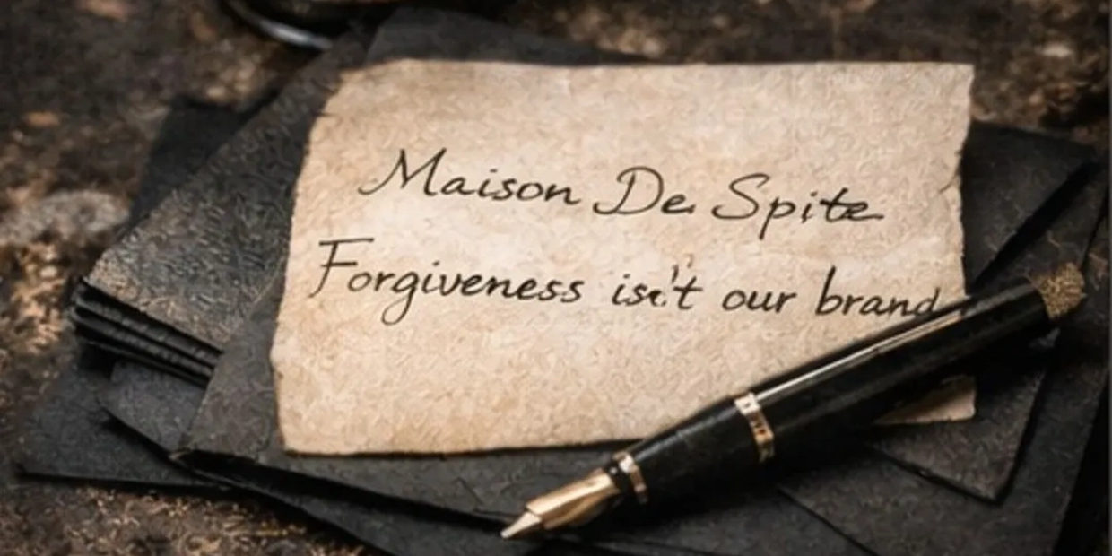 A note with the phrase 'Maison De Spite Forgiveness isn't our brand' and a pen on black envelopes.