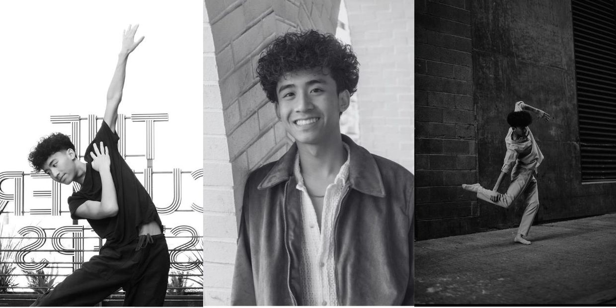 Young man expressing emotion through dance in three black and white photos.
