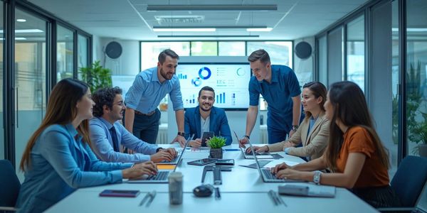 A team of professionals collaborating in a modern office meeting room.