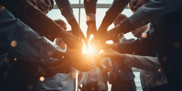 Team members joining hands in unity with sunlight shining through.