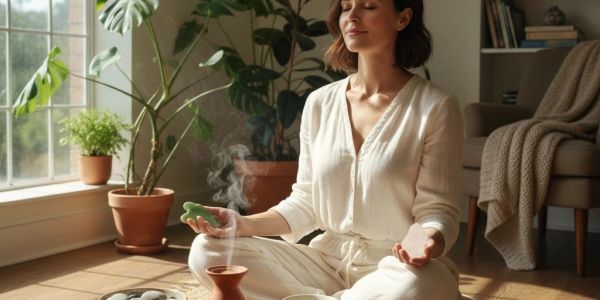 Woman meditating indoors with incense and plants.