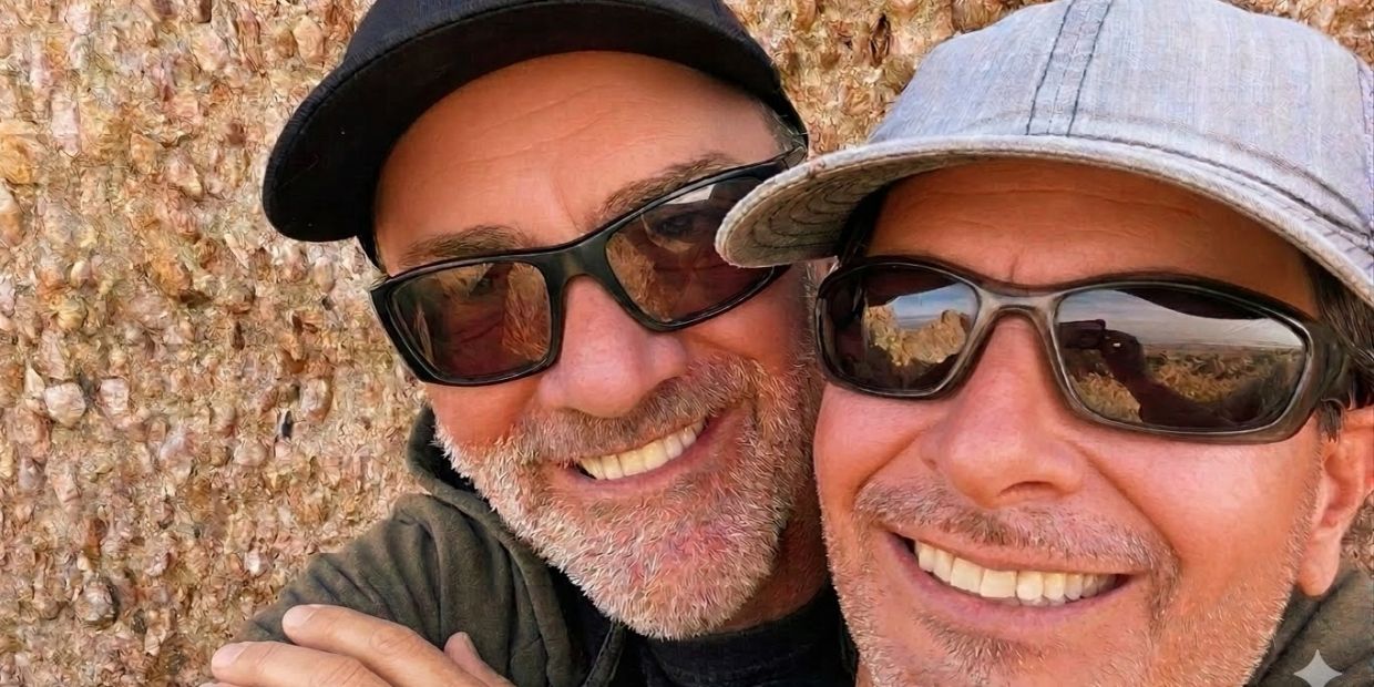 Two men smiling closely wearing sunglasses and caps.
