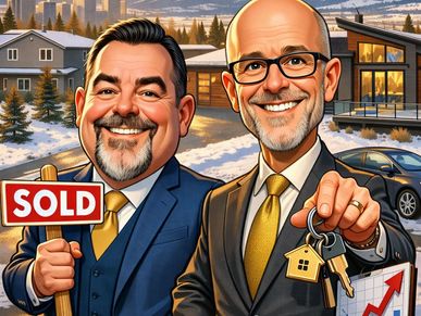 Two cheerful realtors celebrating a house sale with keys and a sold sign. Calgary fine homes real br