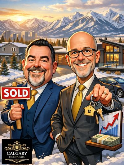  realtors celebrating a home sale with mountain backdrop. Calgary fine homes Walter Saccomani and Ha