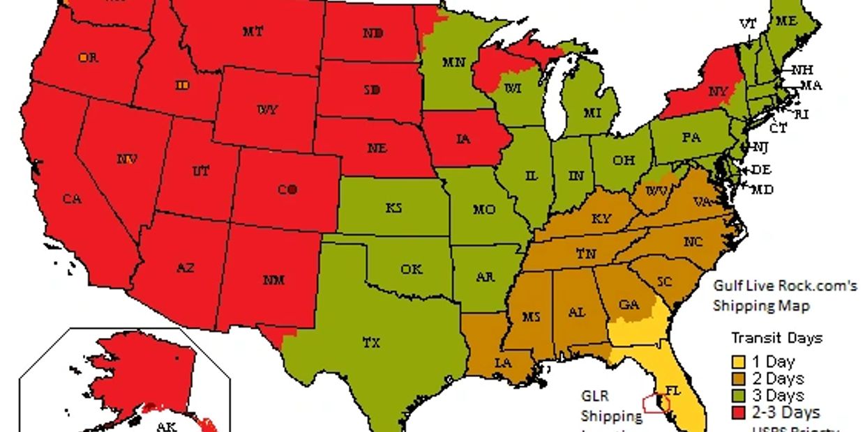 US map showing shipping transit days by state in different colors.