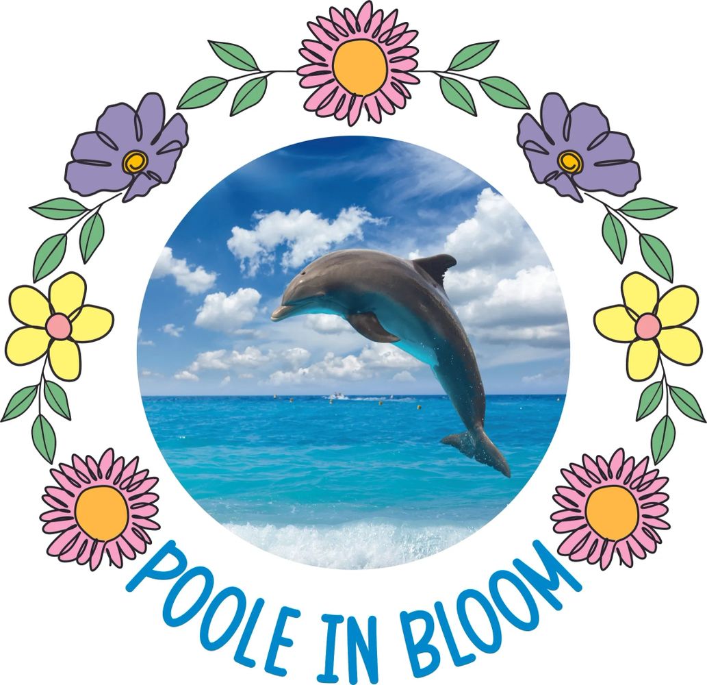 Poole in Bloom Logo
Dolphin over a blue sea with wreath of flowers around it.