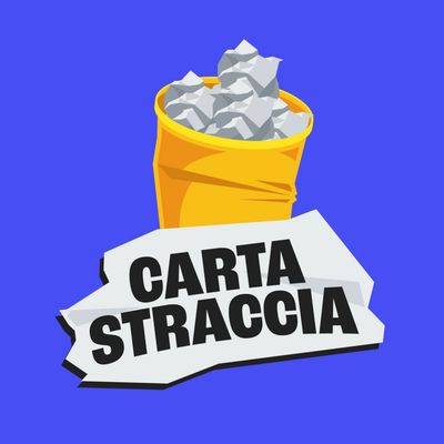 Yellow bin filled with crumpled paper and torn paper labeled 'CARTA STRACCIA'.