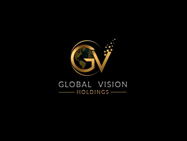 Elegant gold and black logo for Global Vision Holdings featuring a globe and pixelated design.