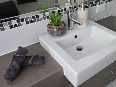 Clean white bathroom sink with a gray towel and plant.