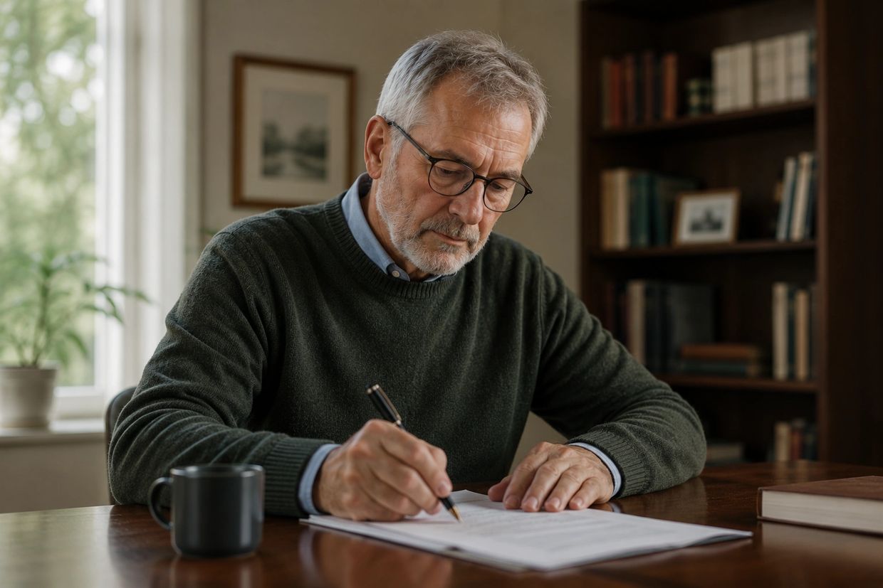 Elderly man in glasses writing at a desk with books and a coffee mug.