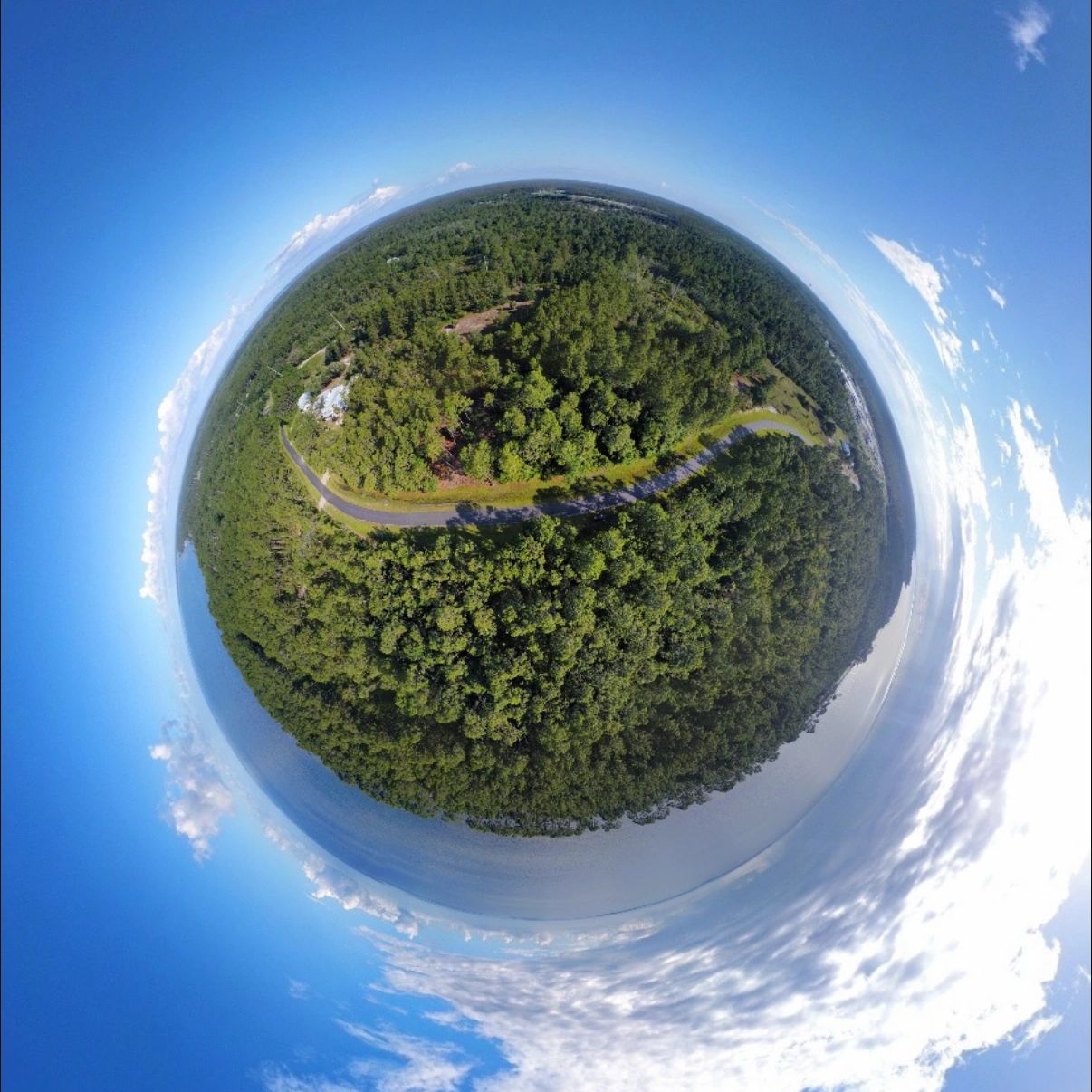 A spherical aerial view of a forested area with a winding road under a blue sky.