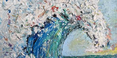 Abstract painting of a large wave with textured brushstrokes.