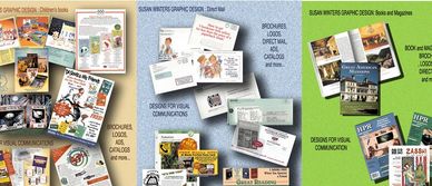 Three panels showcasing diverse graphic design projects in print and digital formats.