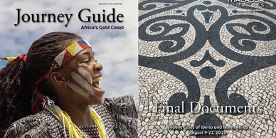 A joyful woman with traditional African face paint and attire on a magazine cover.