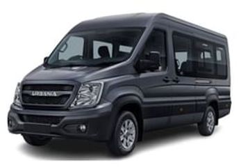 A black passenger van with tinted windows and modern design.