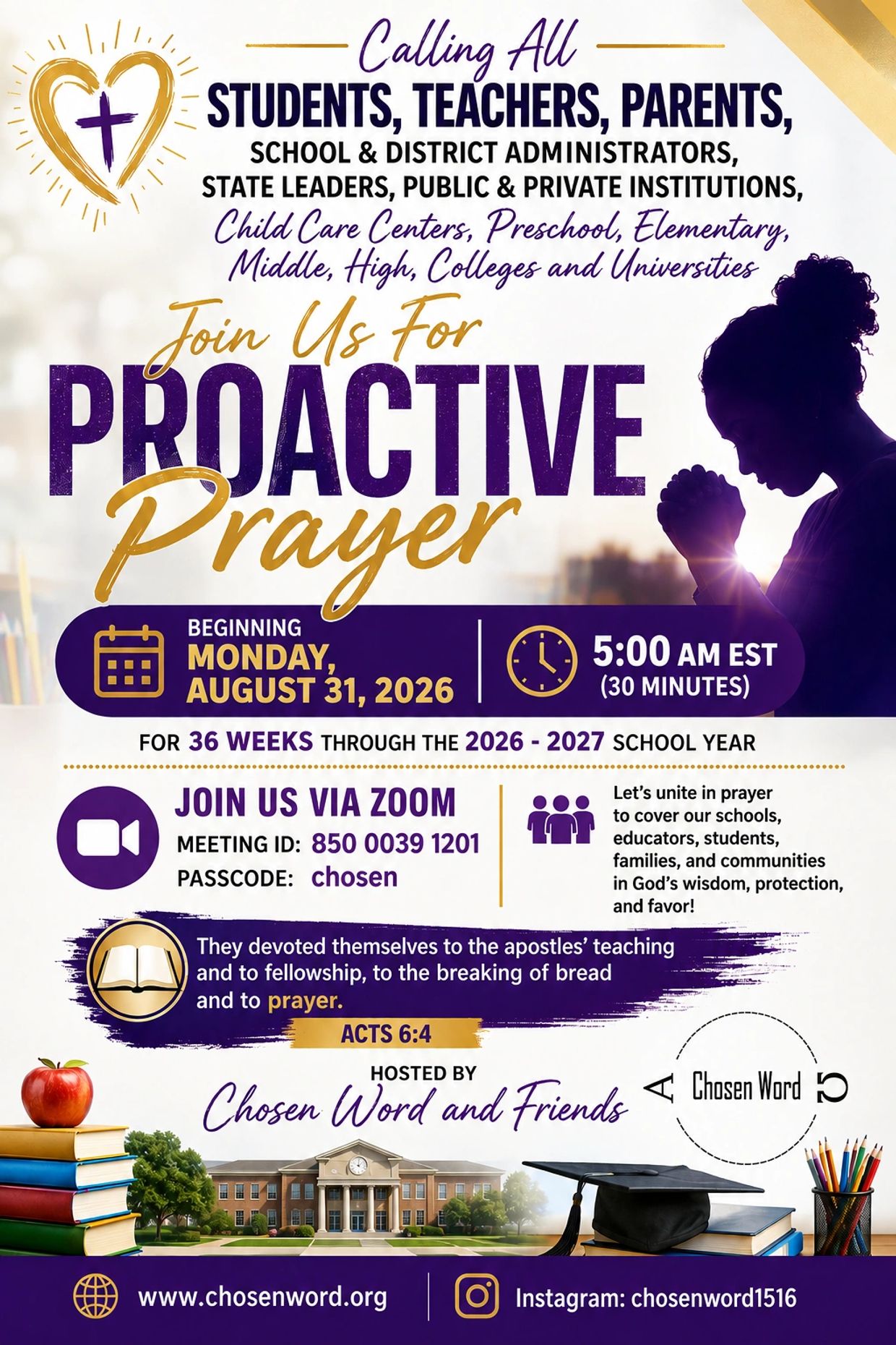 Invitation to join proactive prayer via Zoom for the 2026-2027 school year.