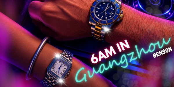 Two wrists with elegant watches glowing under neon lights at 6AM in Guangzhou.