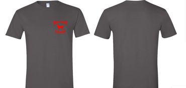 Gray V-neck T-shirt with red text and dog graphic on front left chest.