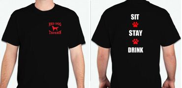 Black t-shirt with red dog logo and humorous text on back.